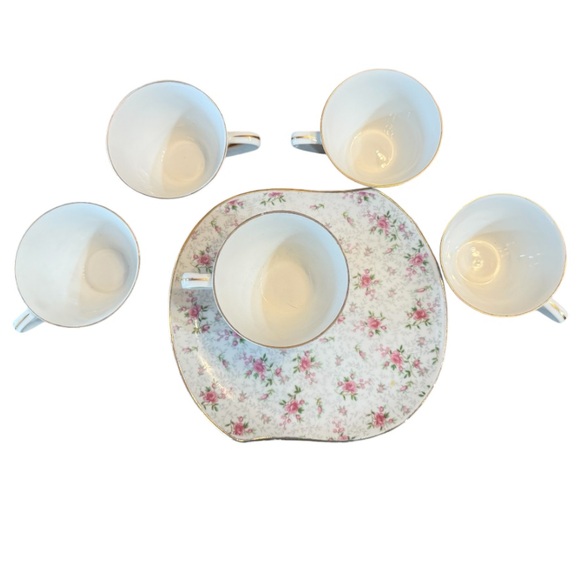 Rare Vintage Inarco Japan Chintz Rose Pattern Snack Plates & Cups, 5 sets - Picture 4 of 7